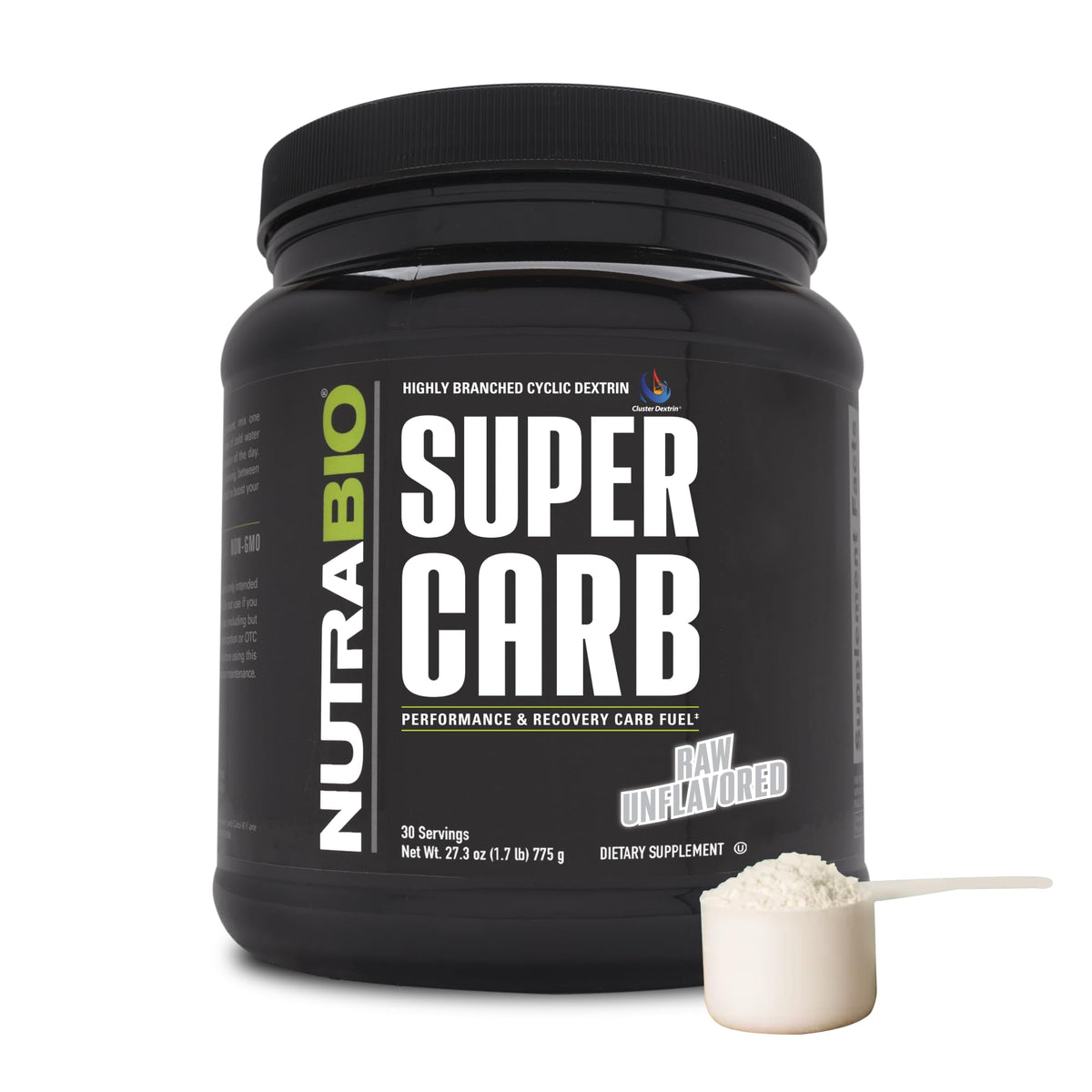 NutraBio Super Carb bottle with powder for steady training energy