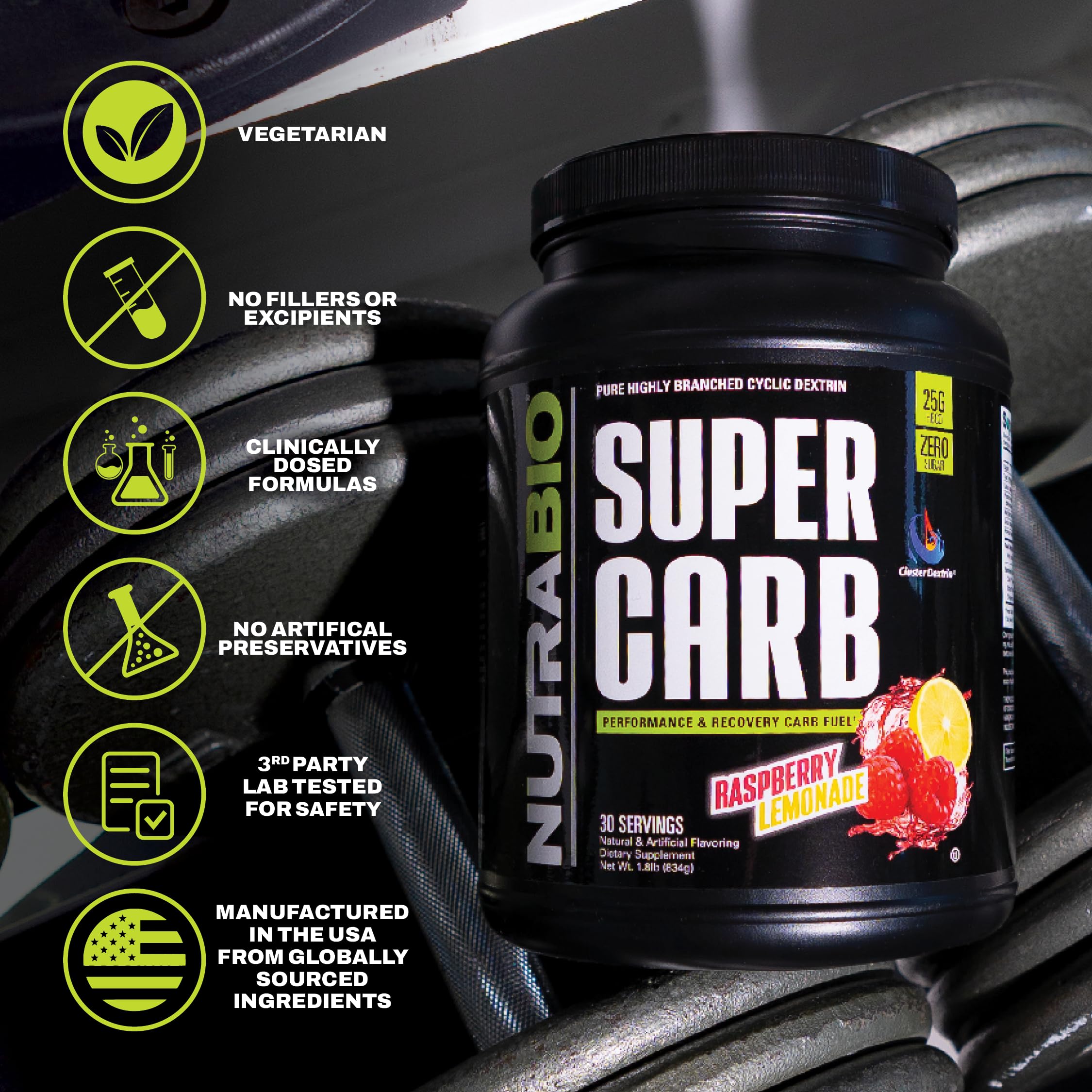 NutraBio Super Carb Raspberry Lemonade serving dissolves quickly for training sessions.