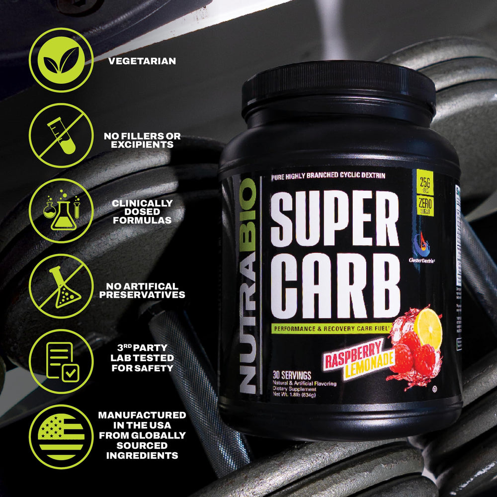 NutraBio Super Carb Raspberry Lemonade serving dissolves quickly for training sessions.