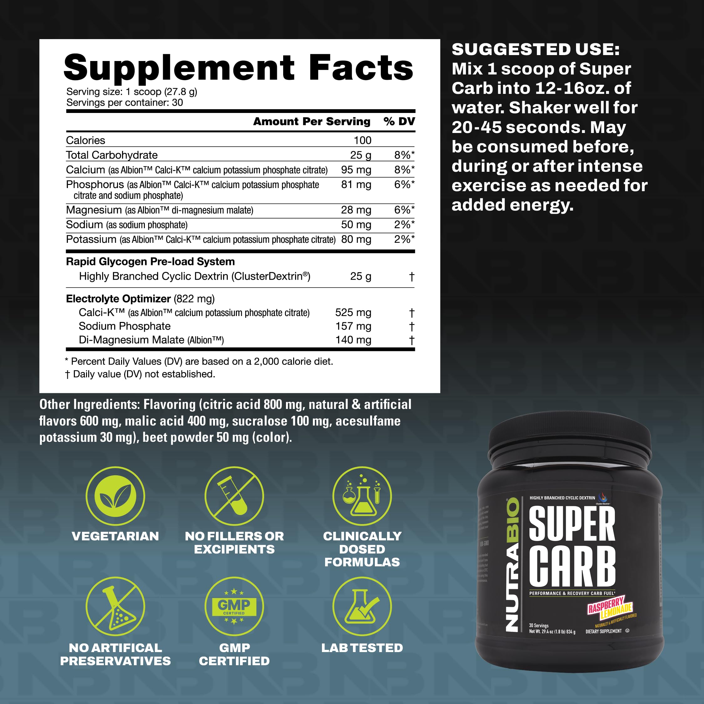 NutraBio Super Carb label with 100% disclosure emphasizes transparent ingredients.