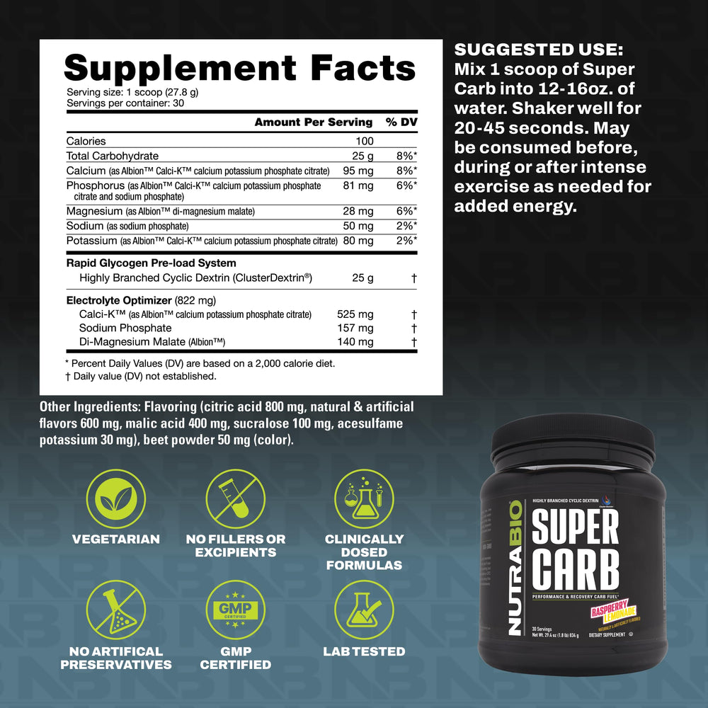 NutraBio Super Carb label with 100% disclosure emphasizes transparent ingredients.