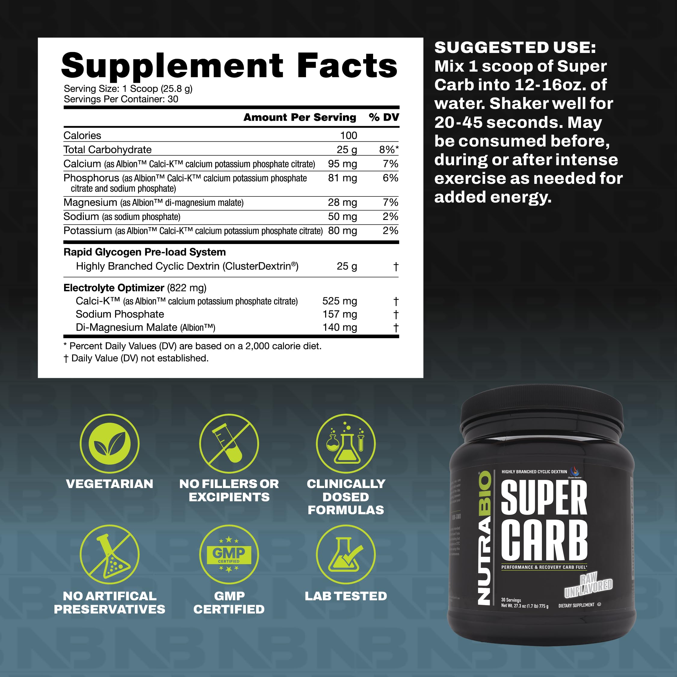 NutraBio Super Carb powder in shaker demonstrating easy hydration during workouts