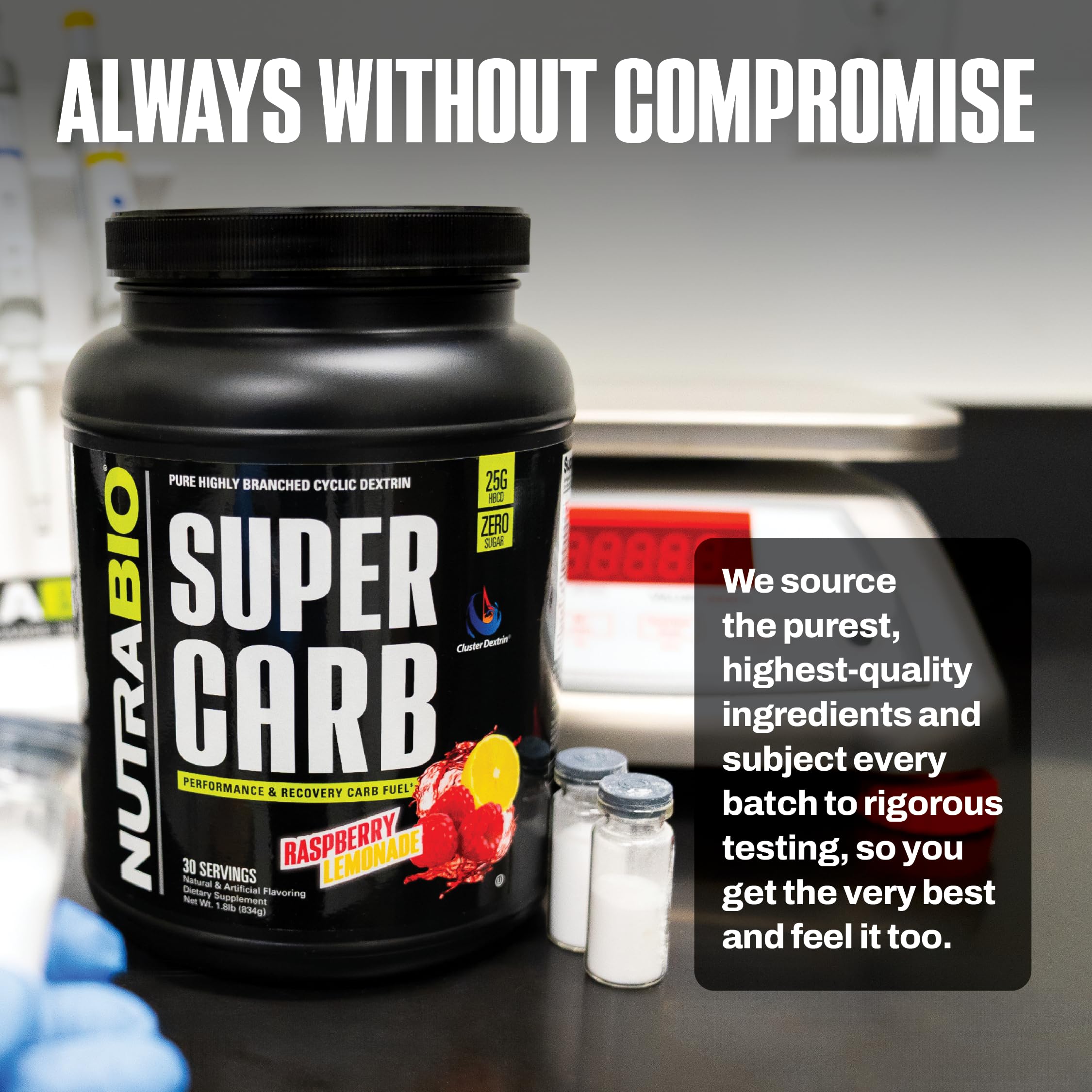 NutraBio Super Carb package open showing powder texture and scooper.