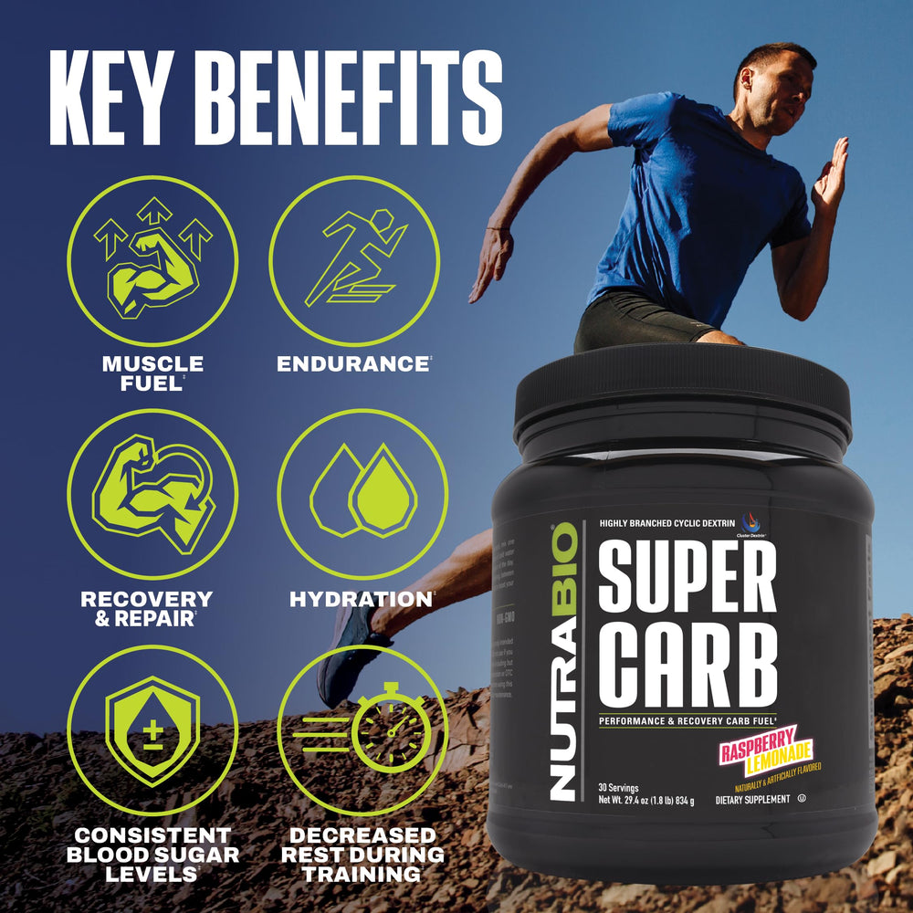 NutraBio Super Carb mixed scoop with drink, high-performance carb source.