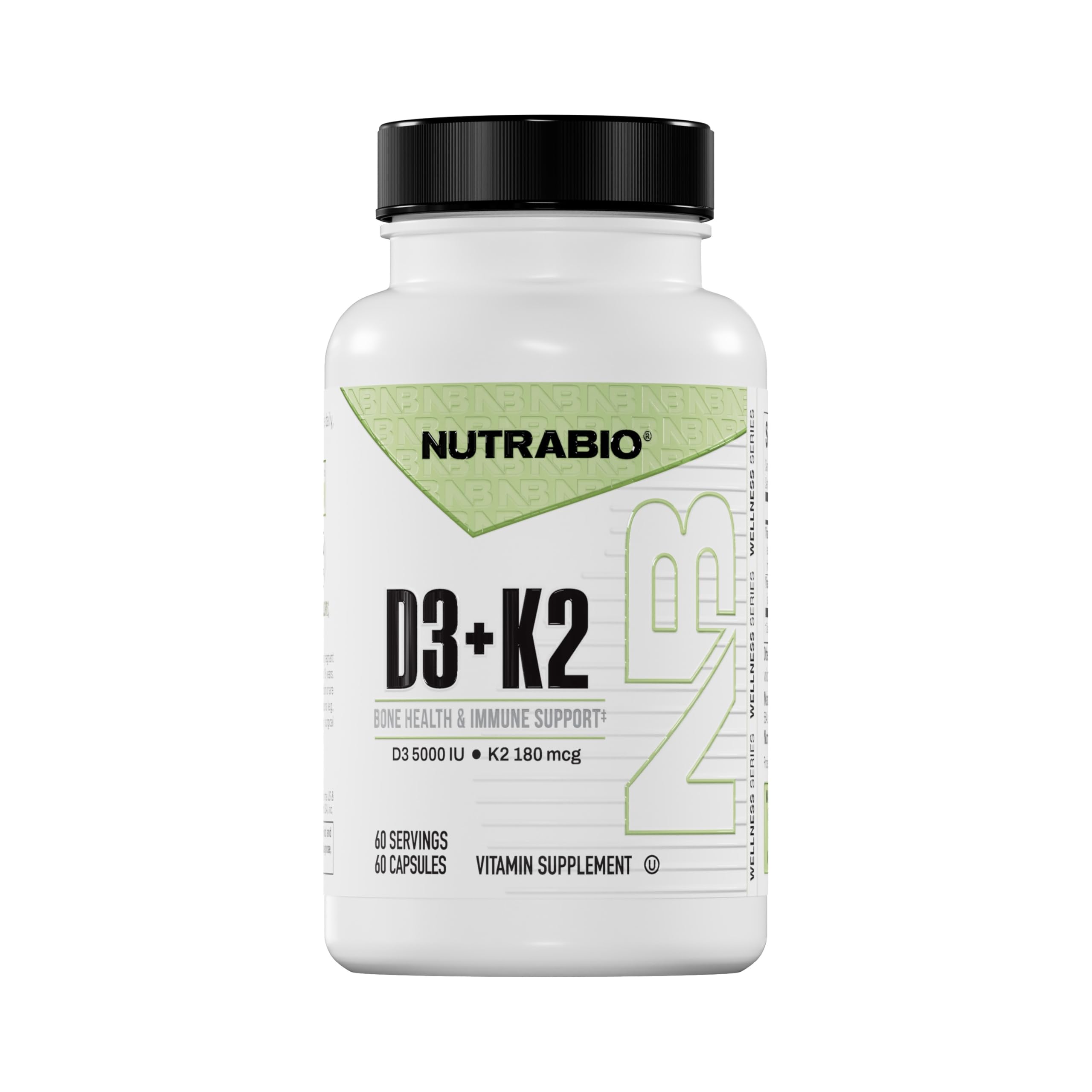 NutraBio Vitamin D3 K2 bottle front view for bone health support.