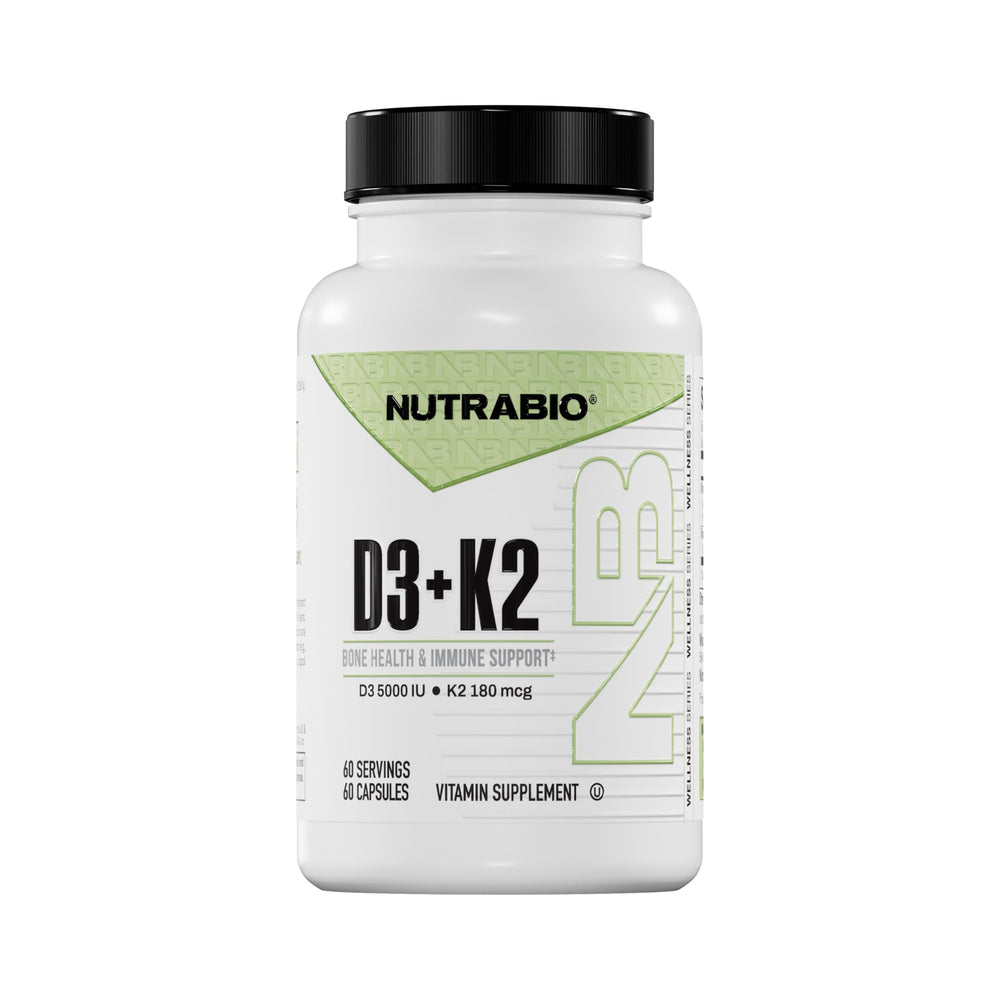 NutraBio Vitamin D3 K2 bottle front view for bone health support.