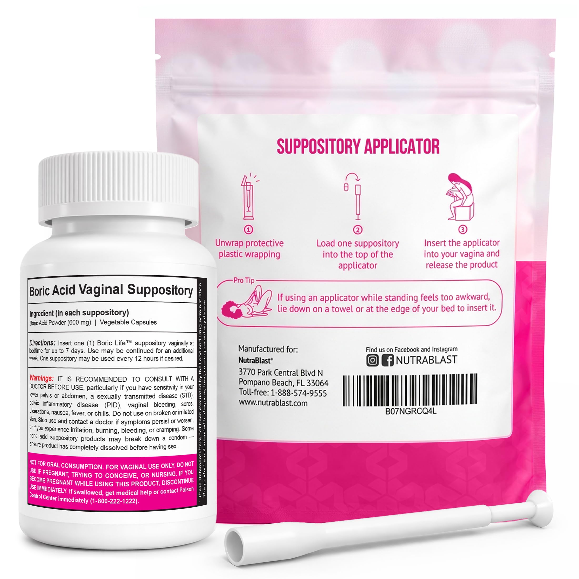 NutraBlast boric acid suppositories 30-count close-up, supports daily balance.
