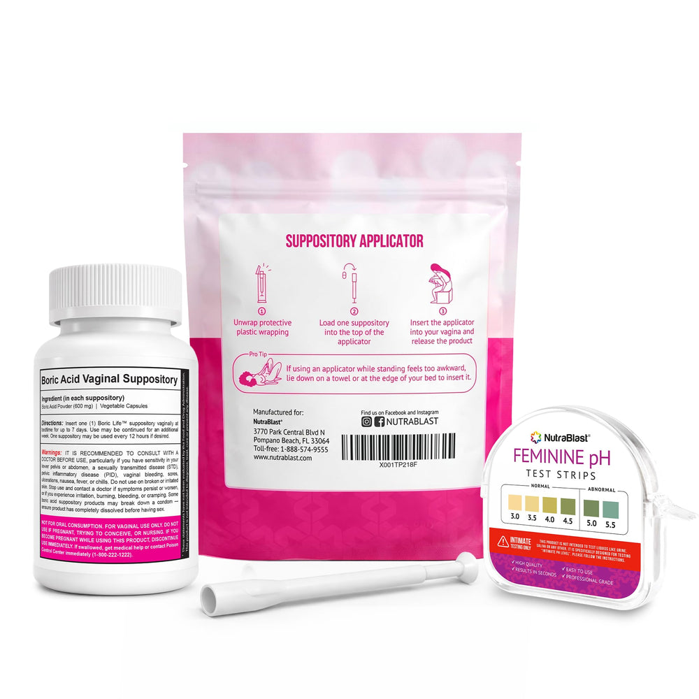 NutraBlast boric acid suppositories close-up with capsules ready for nightly use.