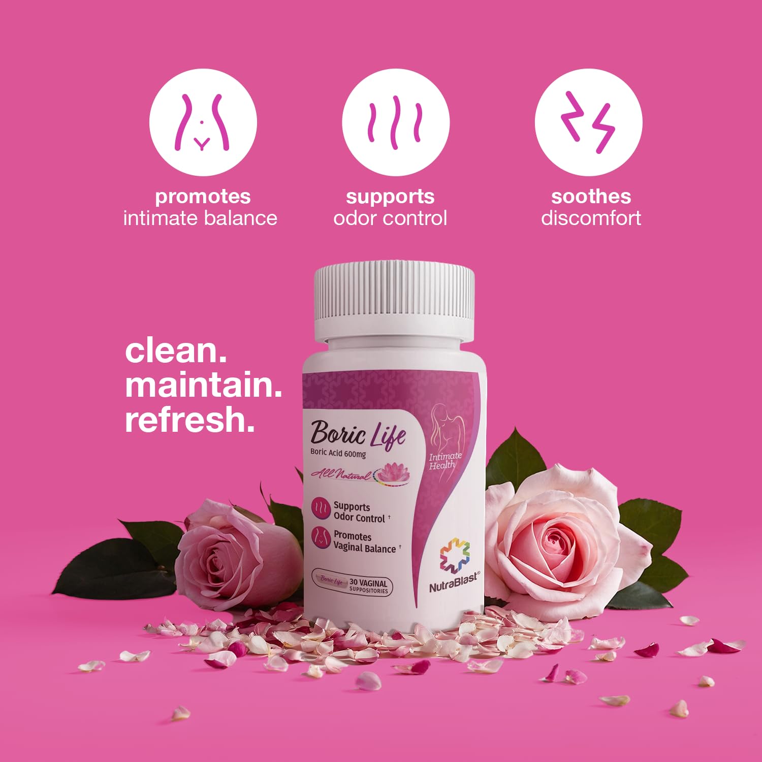 NutraBlast Boric Acid Suppositories label highlights ingredients and safety notes