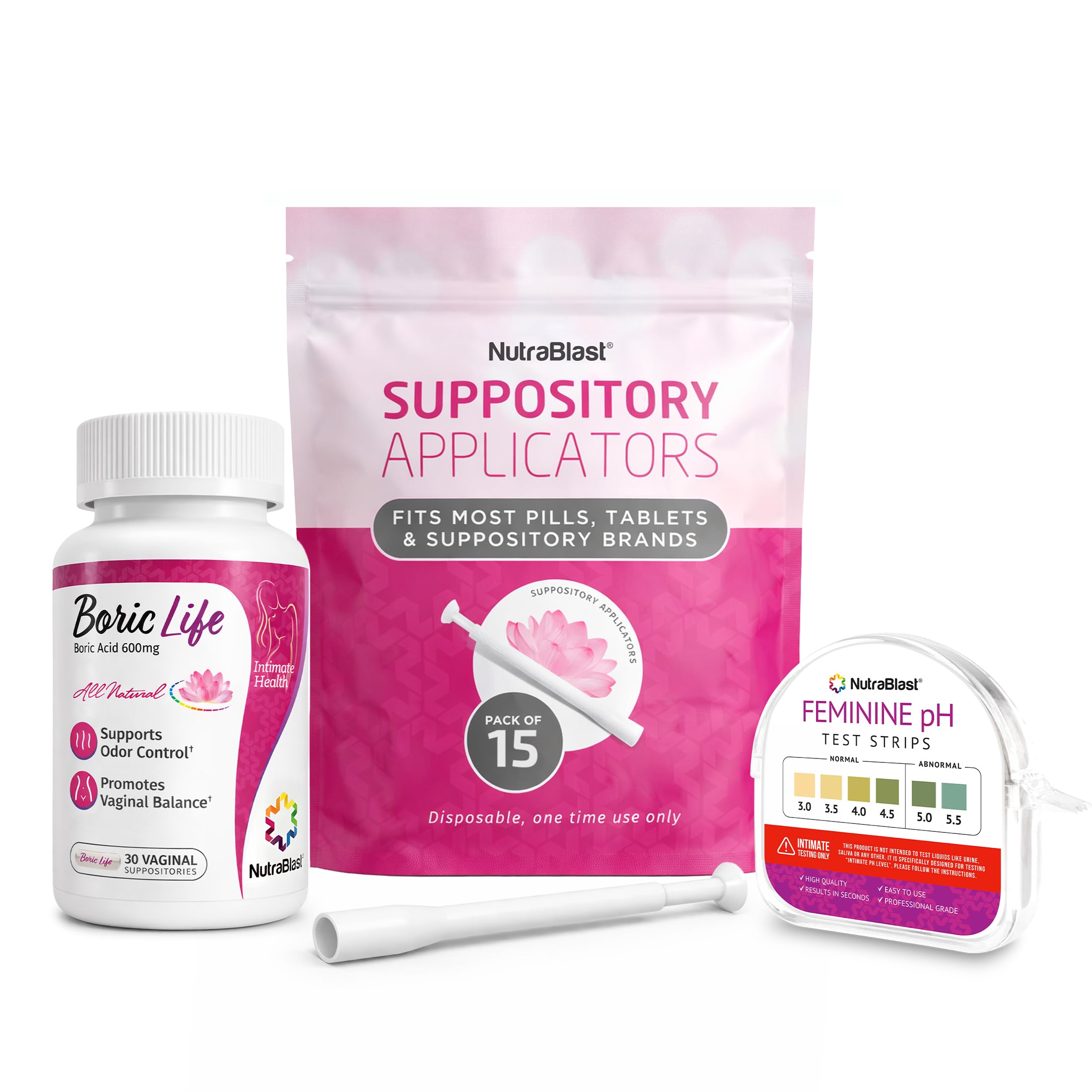 NutraBlast boric acid suppositories packaging for convenient feminine care.