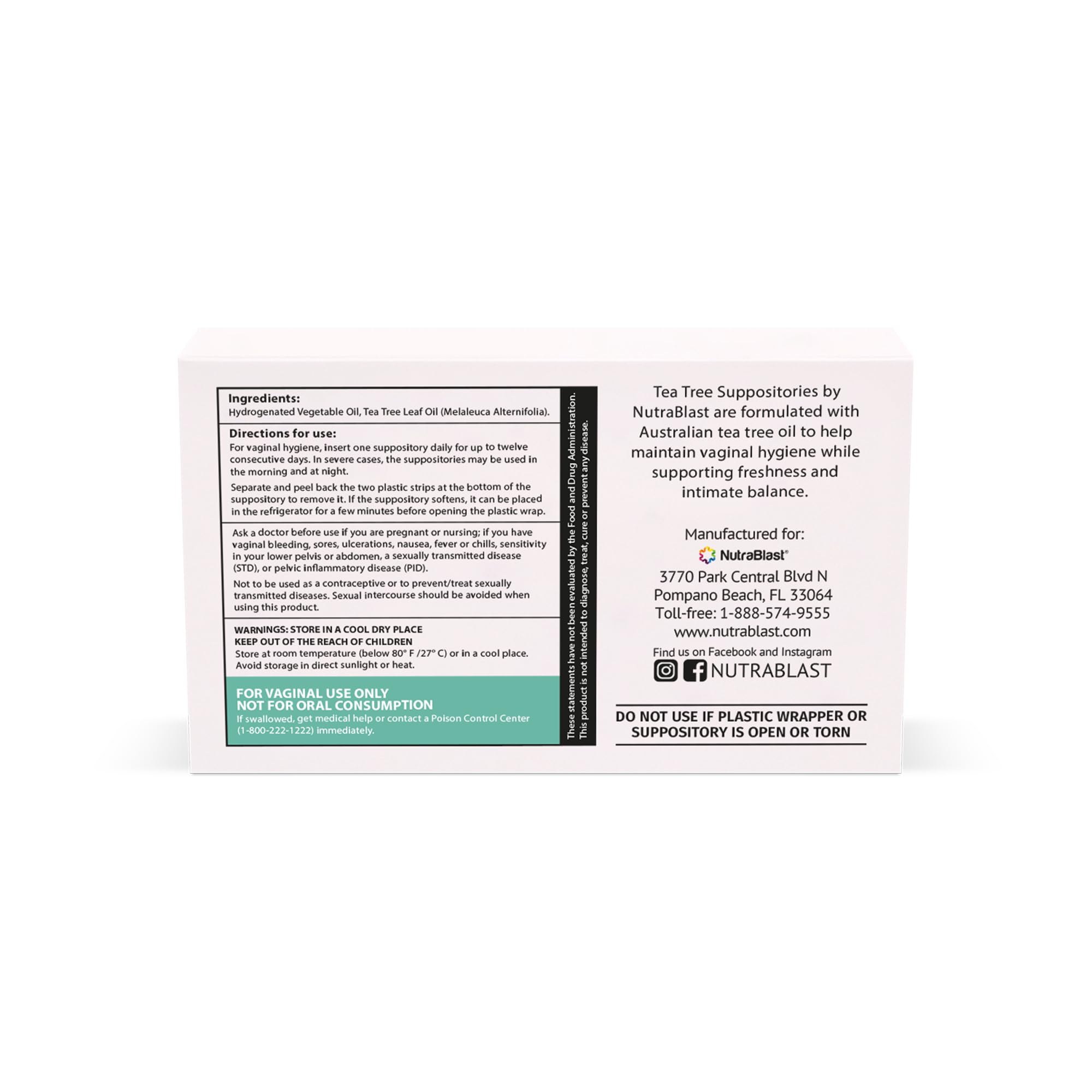 NutraBlast Tea Tree Oil Suppositories packaging back view for balance