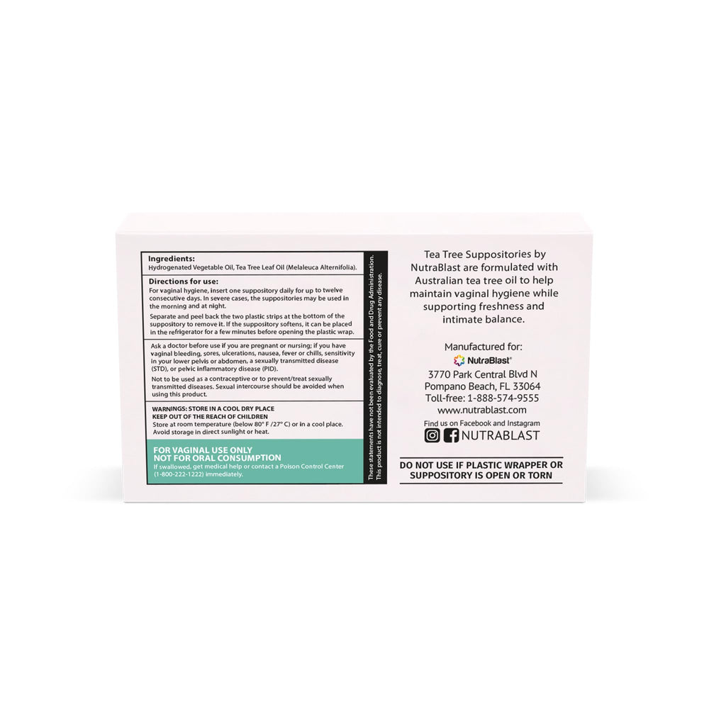 NutraBlast Tea Tree Oil Suppositories packaging back view for balance