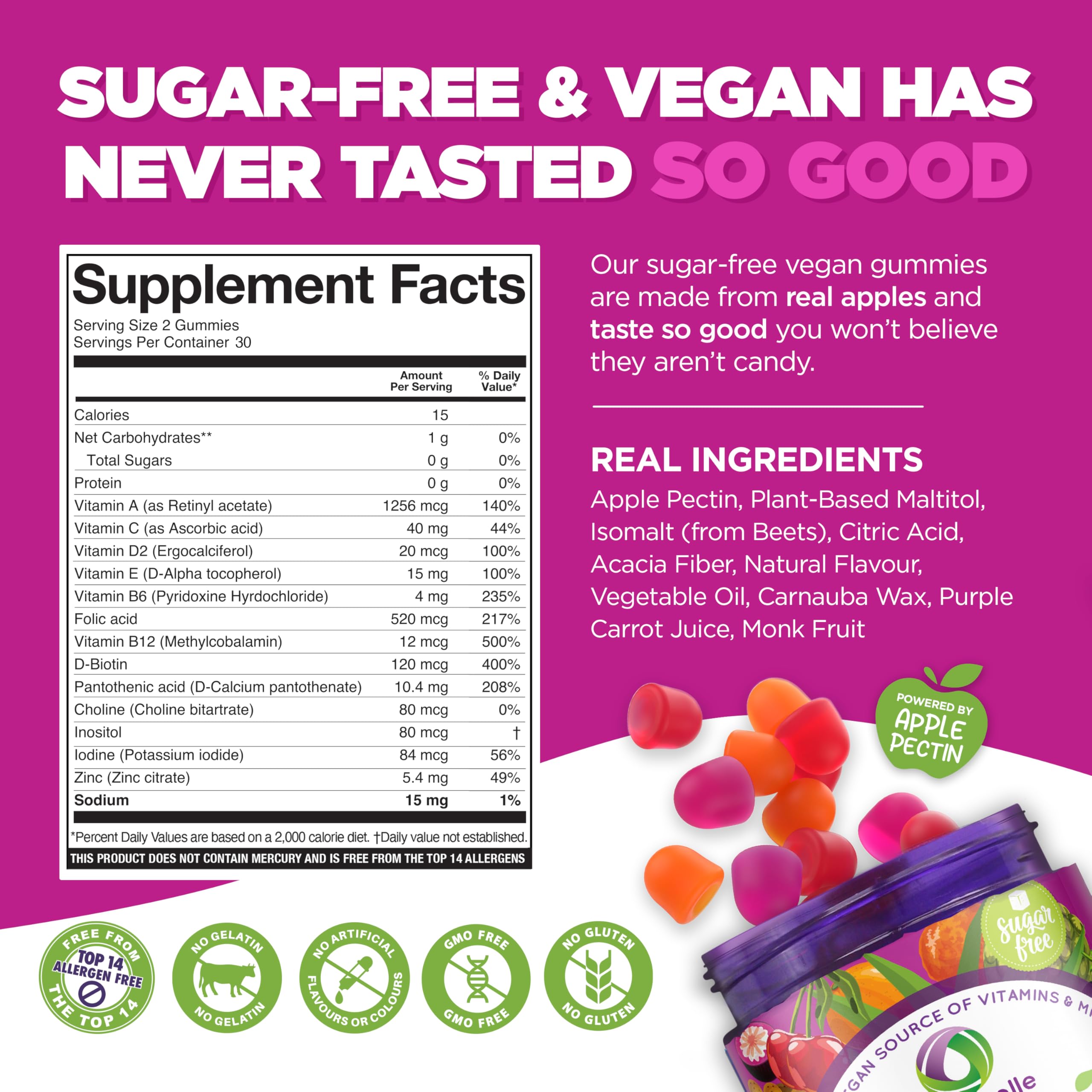 Ingredient list of Nutramin gummies with vegan, non-GMO nutrients