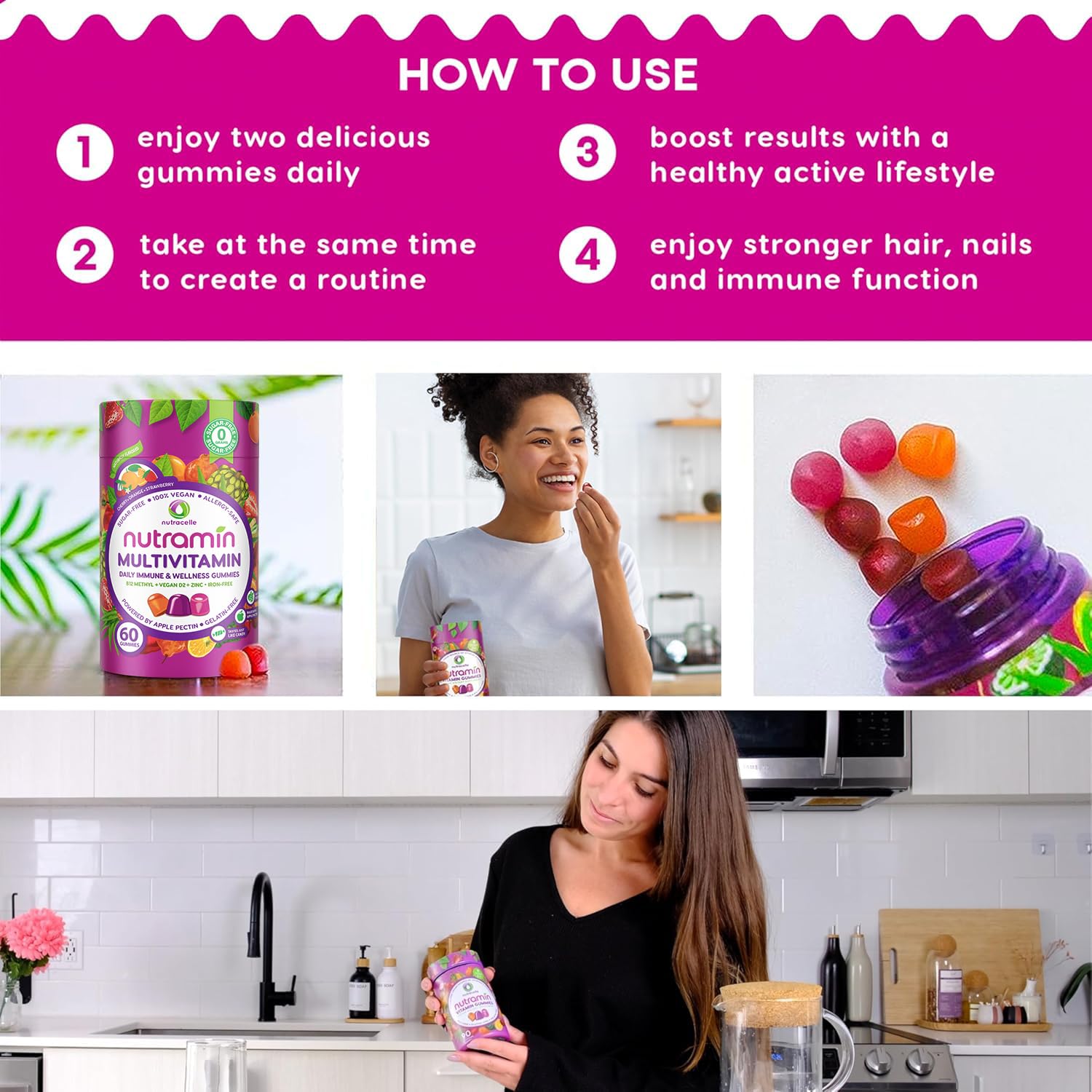 Non-GMO Nutramin gummy packaging highlights sugar-free formulation