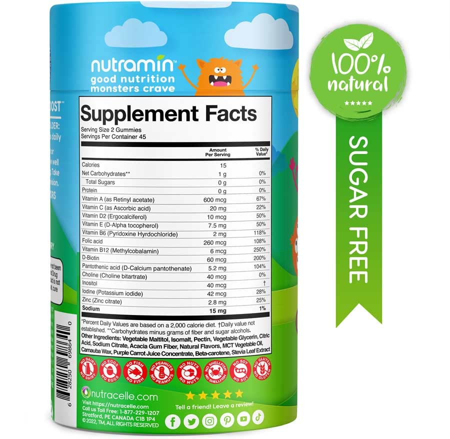 Nutracelle Nutramin Kids bottle back shows allergen-free and gelatin-free labeling for safety.