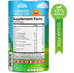 Nutracelle Nutramin Kids bottle back shows allergen-free and gelatin-free labeling for safety.