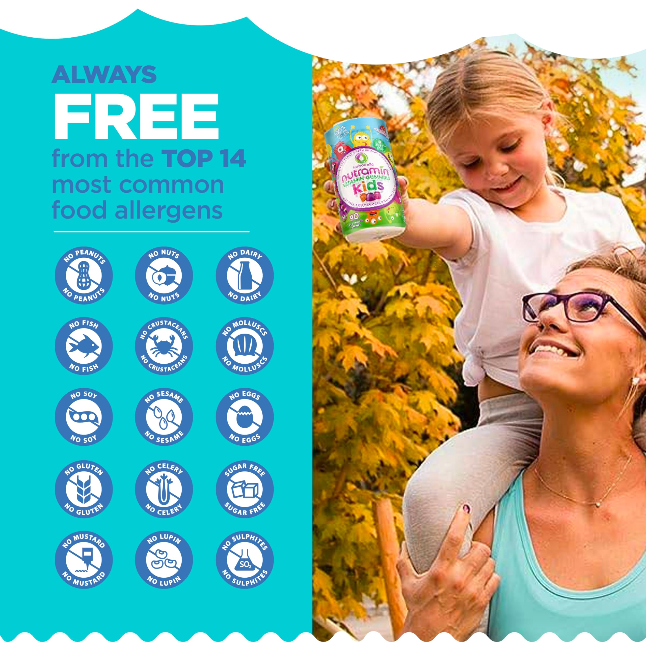 Plant-based ingredients graphic beside Nutramin label highlighting allergen-free blends.