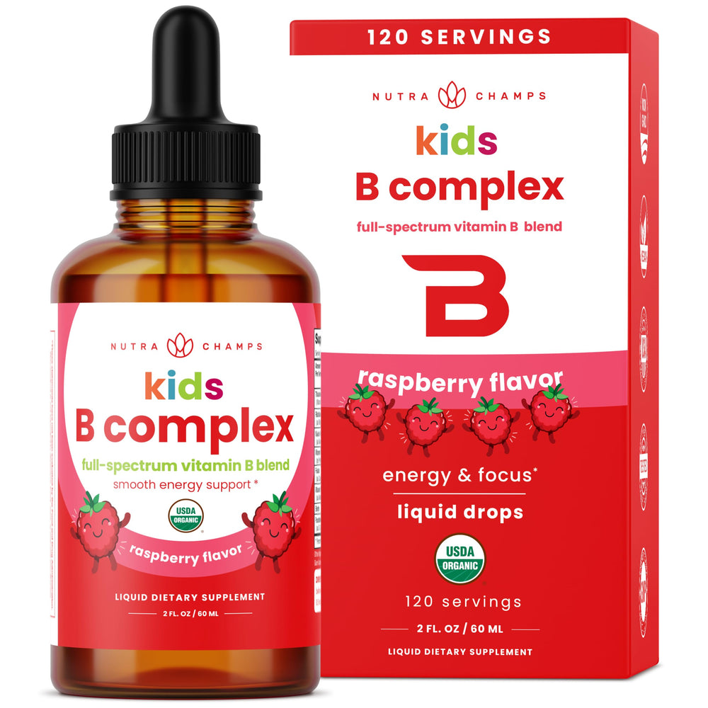 NutraChamps Kids B Complex bottle label; premium quality supports daily energy.