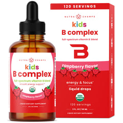 NutraChamps Kids B Complex bottle label; premium quality supports daily energy.