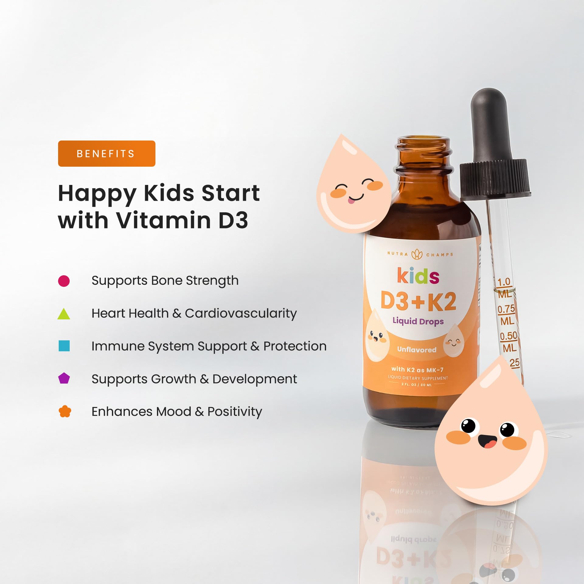 NutraChamps Kids D3 K2 Drops dropper provides precise dosing for children