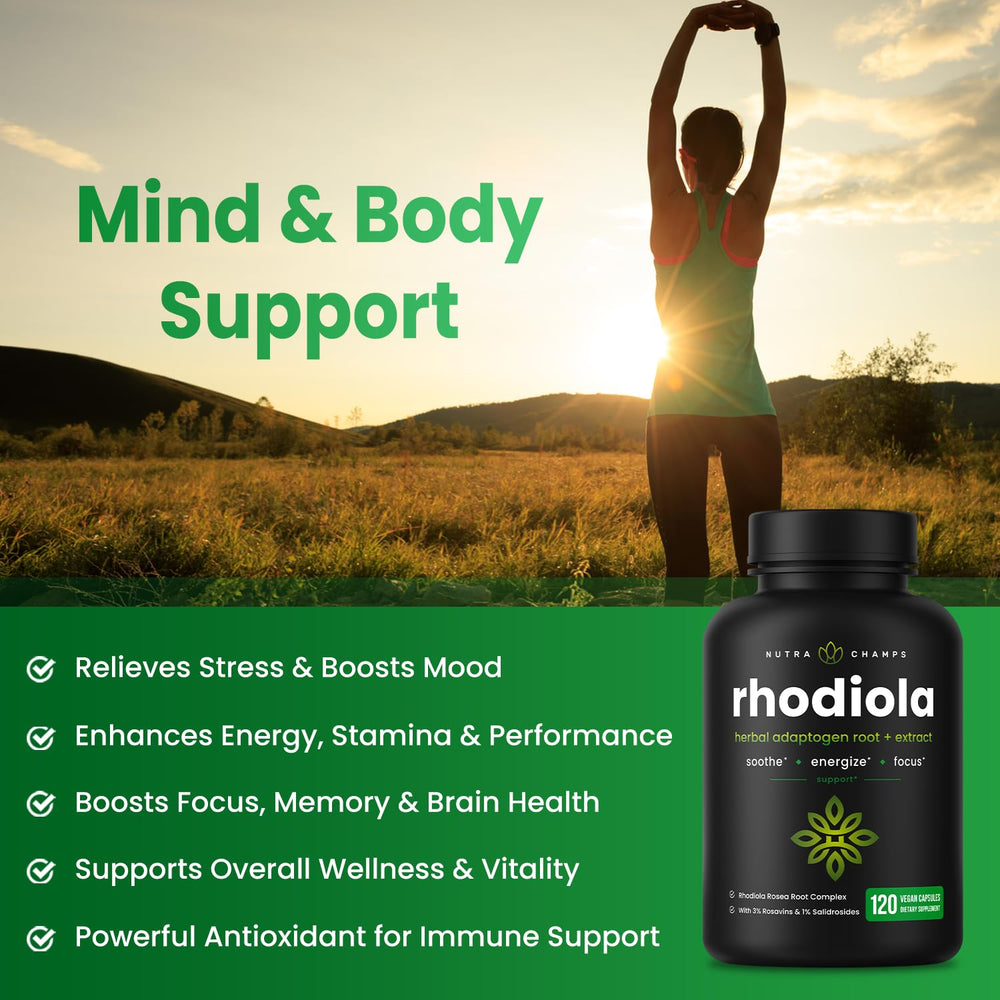NutraChamps Rhodiola Rosea 120 vegan capsules convenient daily energy support.