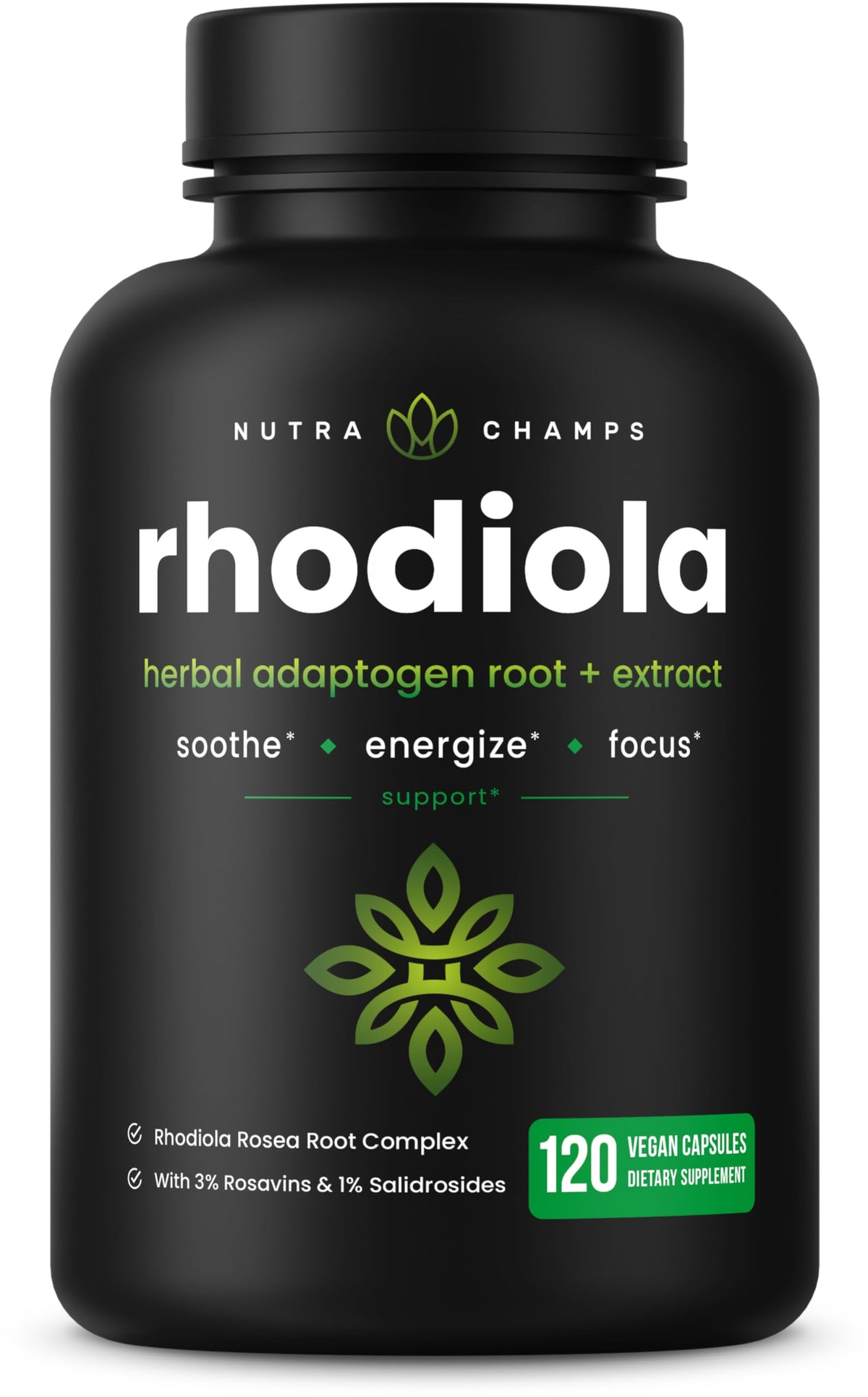 NutraChamps Rhodiola Rosea 600mg bottle highlights packaging for calm focus.
