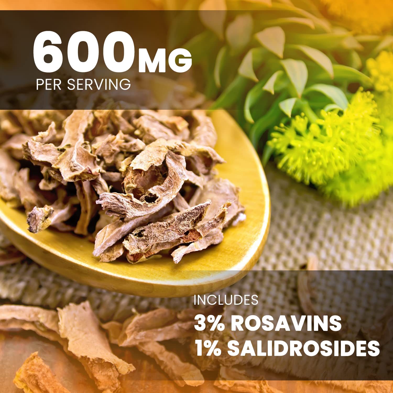 NutraChamps Rhodiola Rosea label closeup highlights Rosavin and Salidrosides.