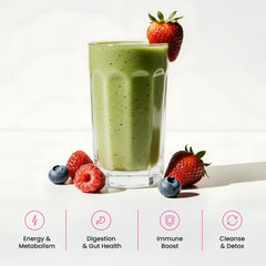 NutraChamps Super Greens powder mixed in a glass showing hydration and antioxidant intake.