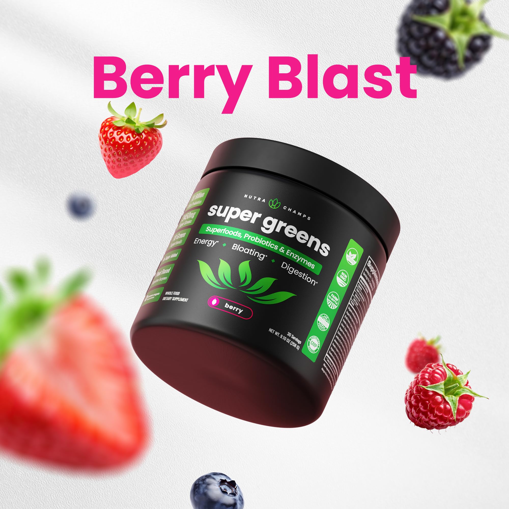 NutraChamps Super Greens powder tub back label highlights 40+ nutrients and organic ingredients.