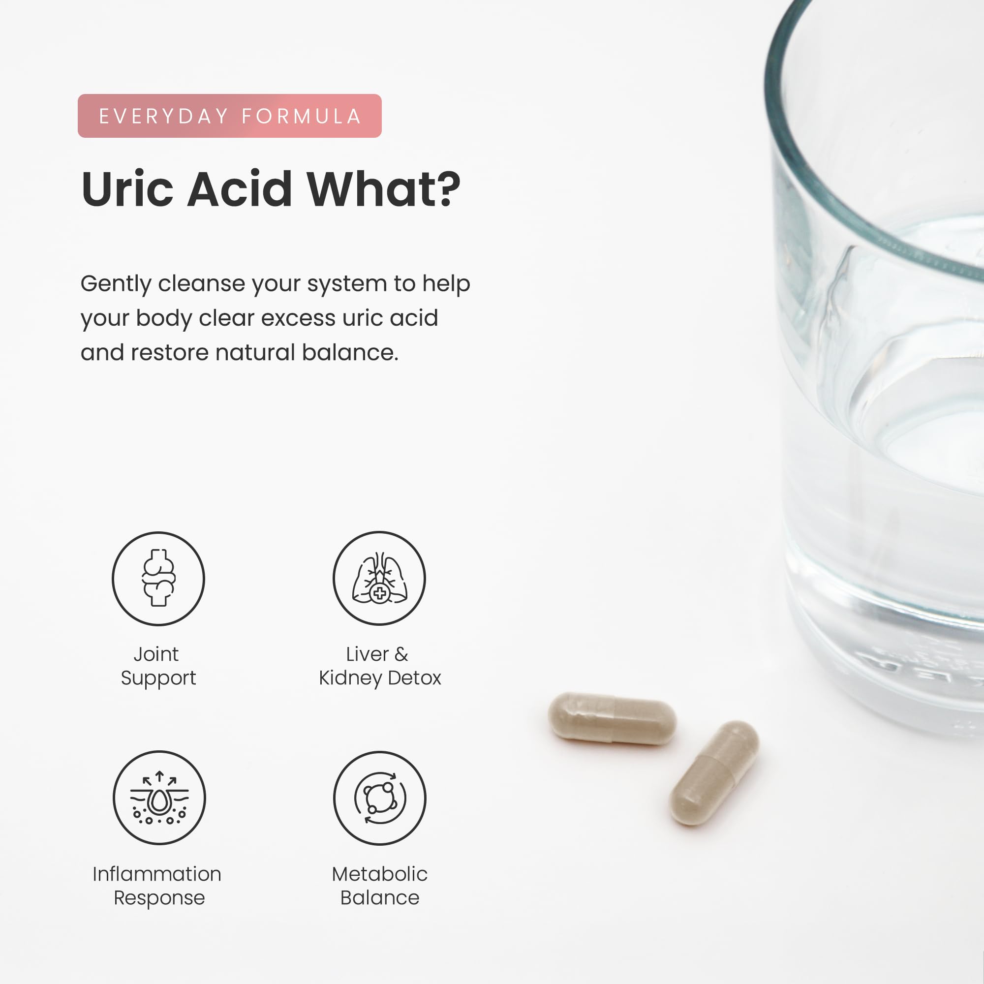 NutraChamps Uricleanse bottle-with-glass illustrating daily supplement ritual.