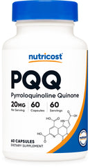 Nutricost PQQ 20mg bottle front with label for premium daily supplement.