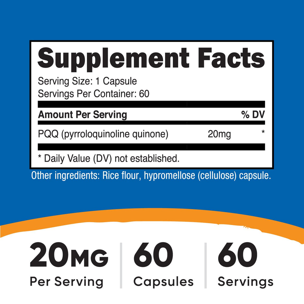 Nutricost PQQ 20mg capsules close-up for easy daily intake.