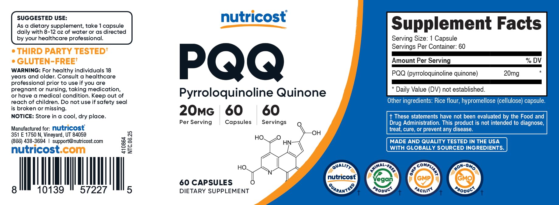 Nutricost PQQ 20mg packaging side view indicating GMP and FDA-registered facility.