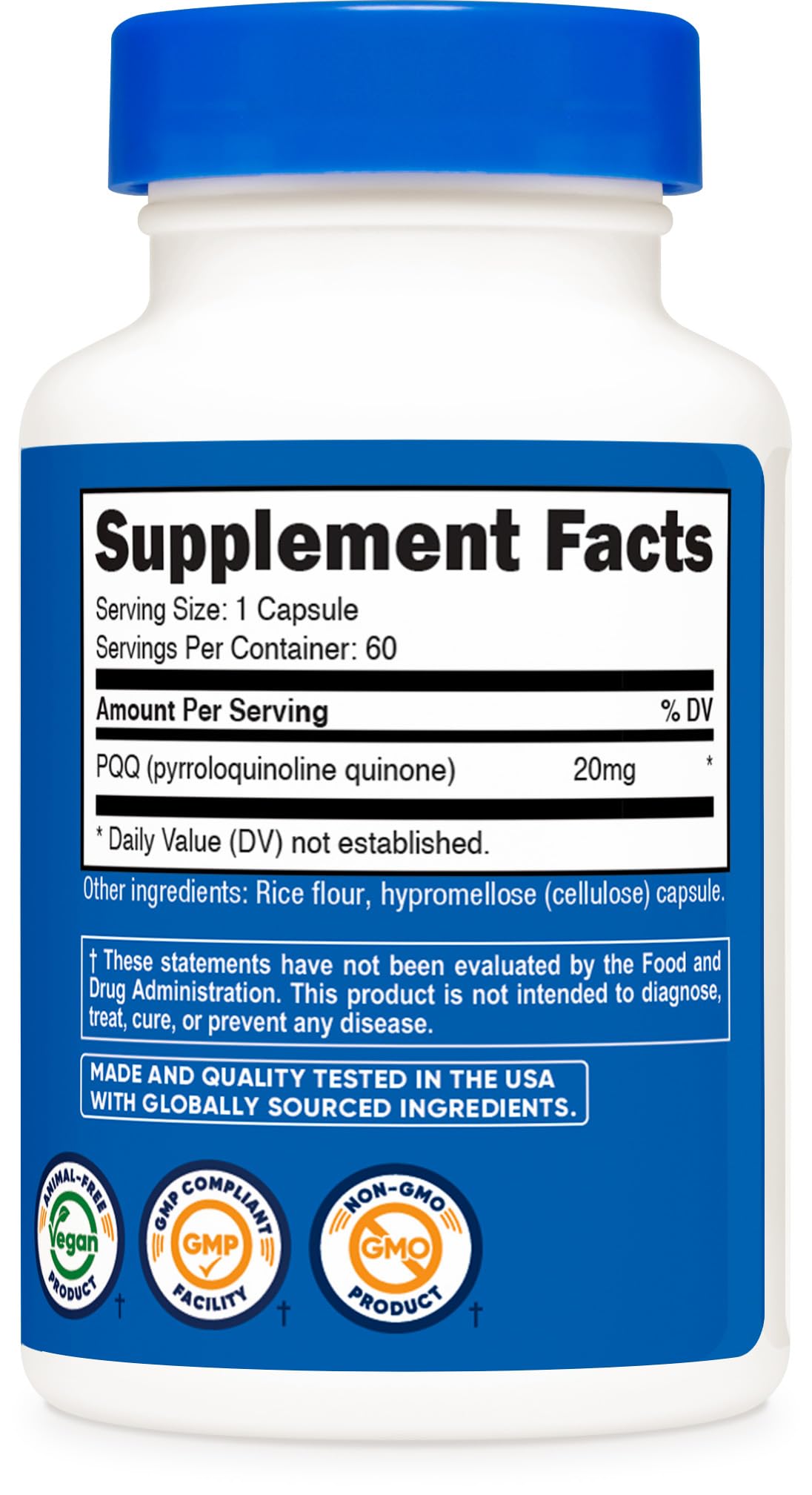 Nutricost PQQ 20mg quality-control seal showcases third-party tested purity.