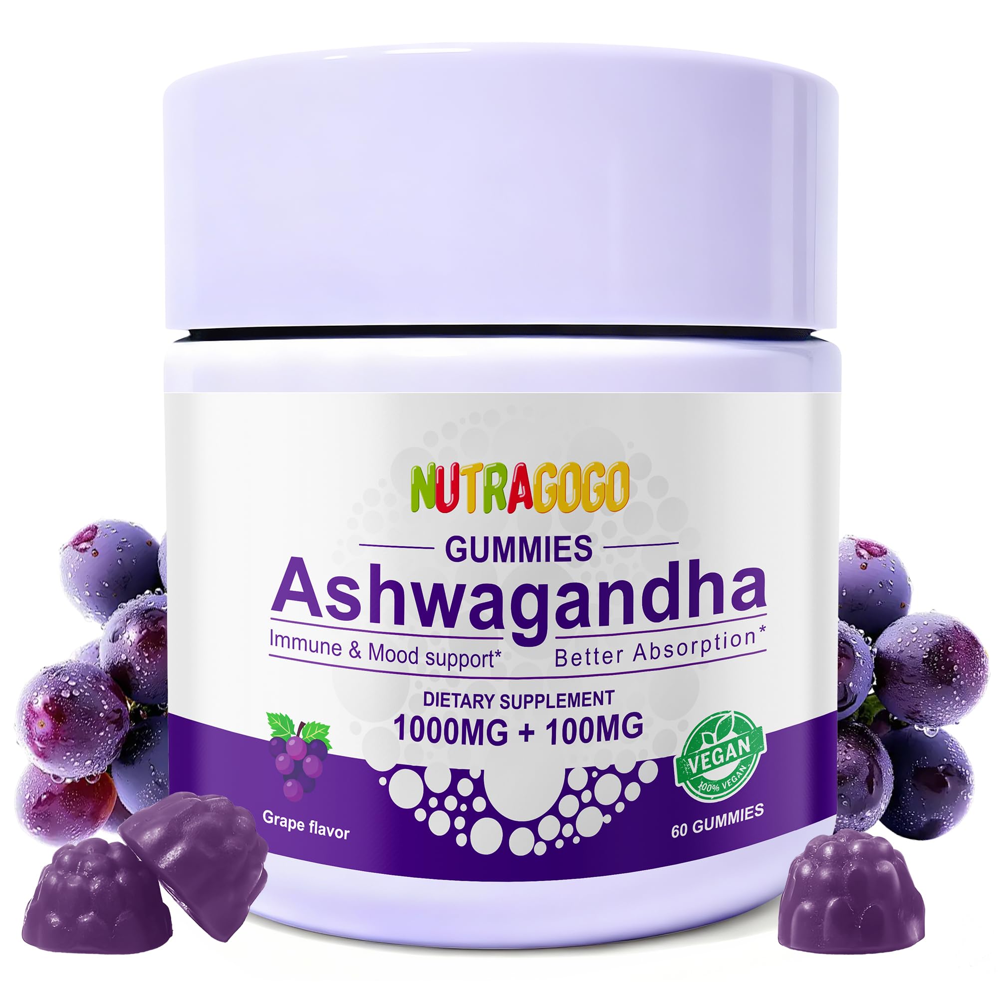 NUTRAGOGO Ashwagandha Gummies bottle promoting calm and focus