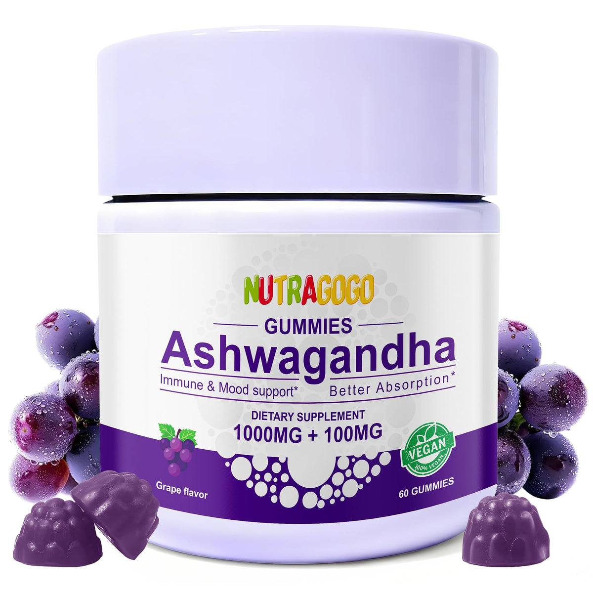 NUTRAGOGO Ashwagandha Gummies bottle promoting calm and focus
