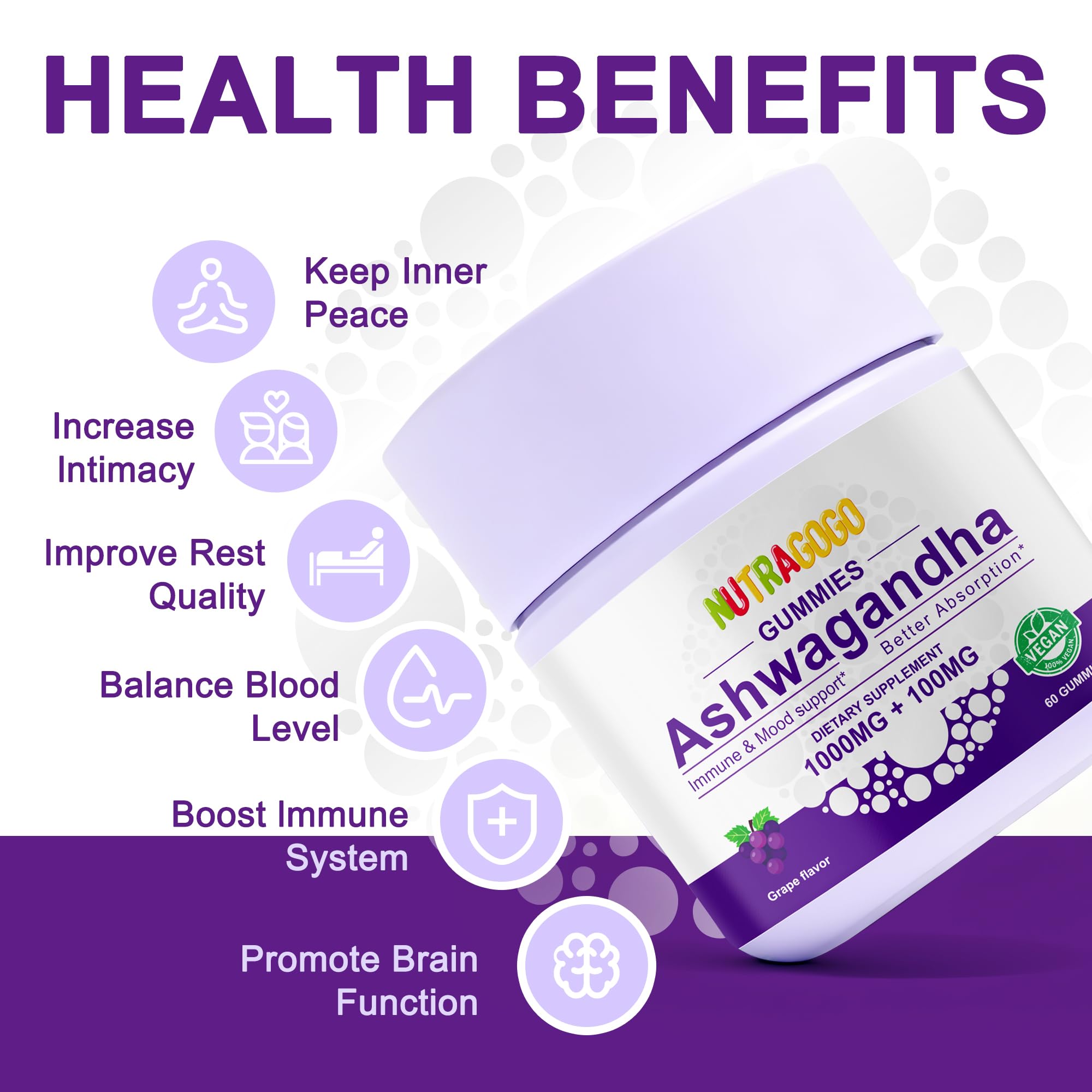 NUTRAGOGO Ashwagandha Gummies label highlighting GMP quality