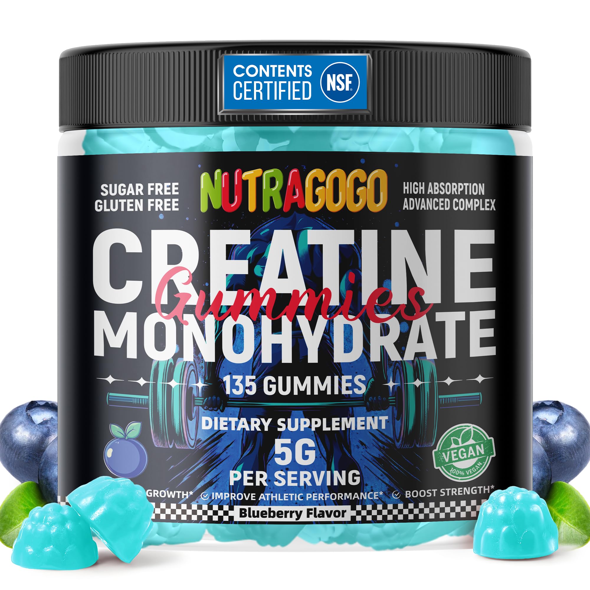 NUTRAGOGO Creatine Gummy bottle front showing 135-count servings for convenient workouts