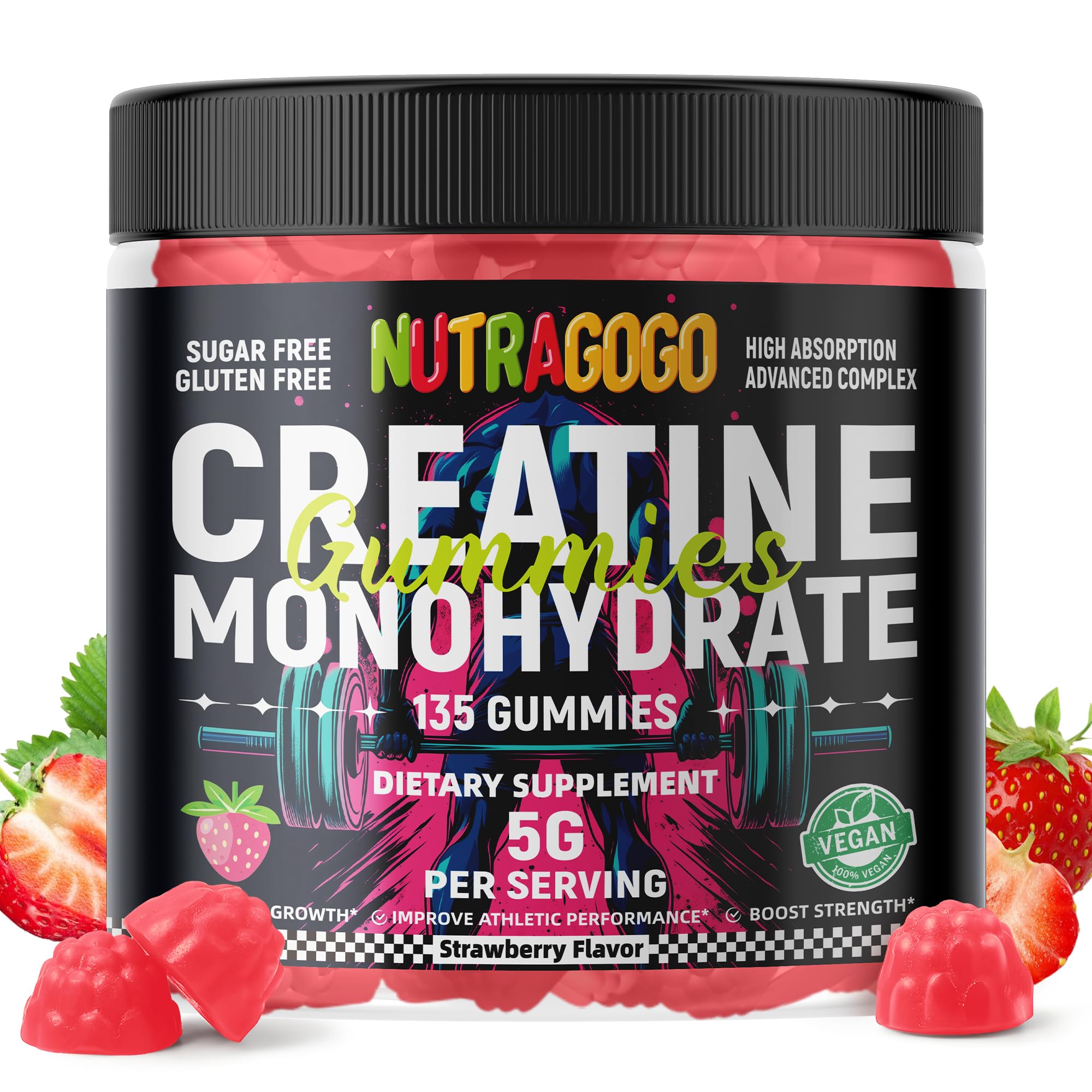 NUTRAGOGO Creatine Gummy gluten-free symbol highlights a sugar-free, vegan option