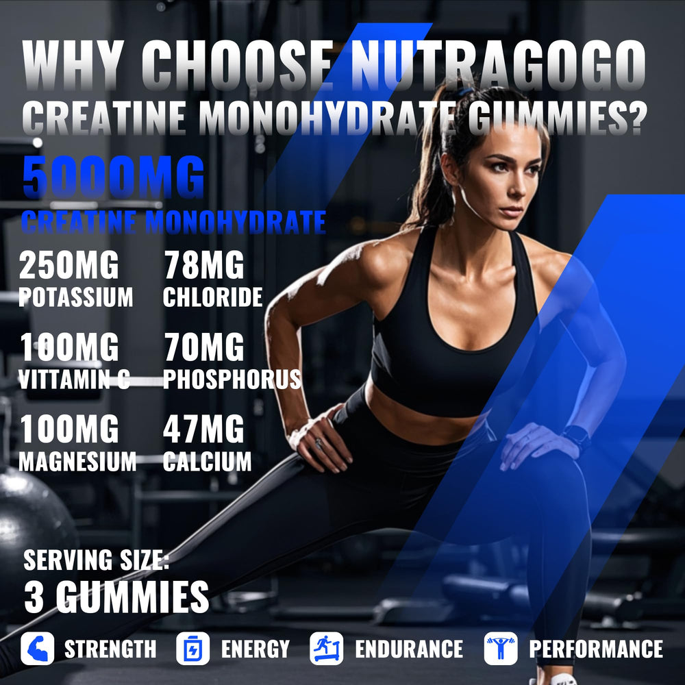 NUTRAGOGO Creatine Gummy label close-up highlights vegan, sugar-free formula