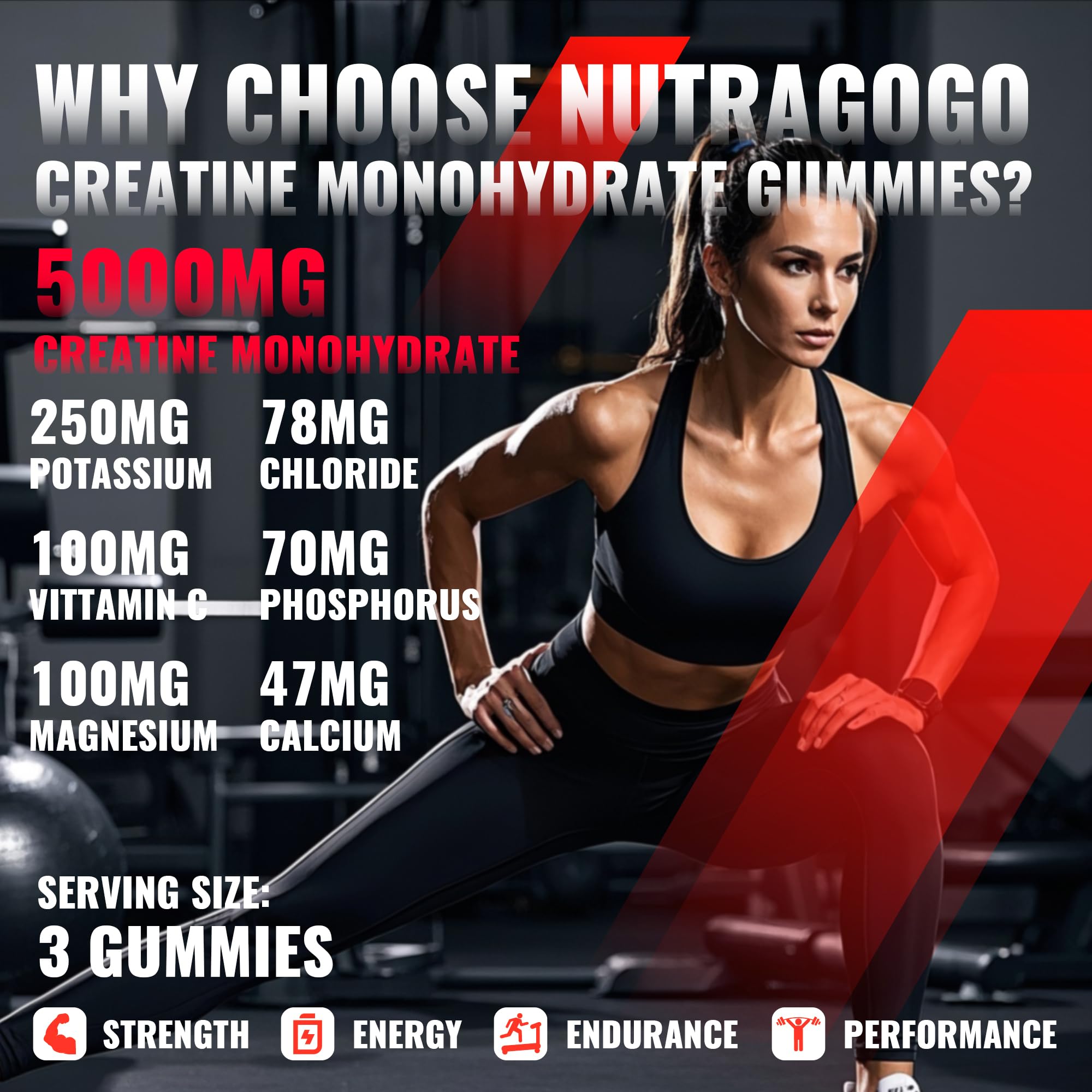 NUTRAGOGO Creatine Gummy strawberry chews in a bottle for easy daily supplementation
