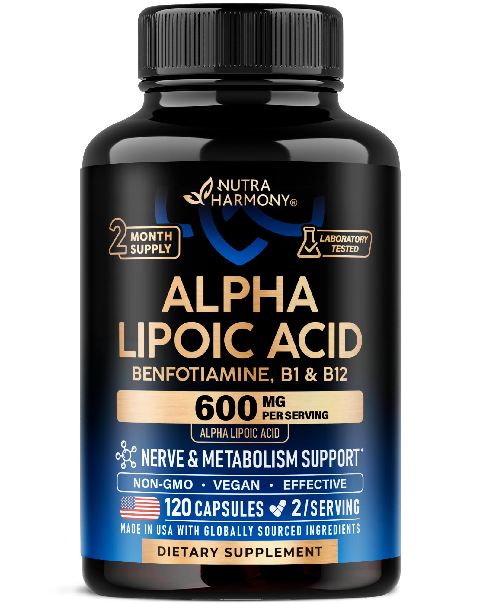 NUTRAHARMONY Alpha Lipoic Acid 600mg bottle for antioxidant support and everyday wellness.
