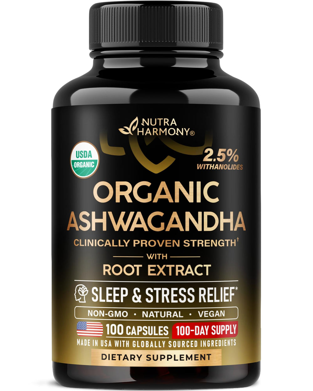 NutraHarmony Ashwagandha bottle capsules for daily stress support and balanced mood.