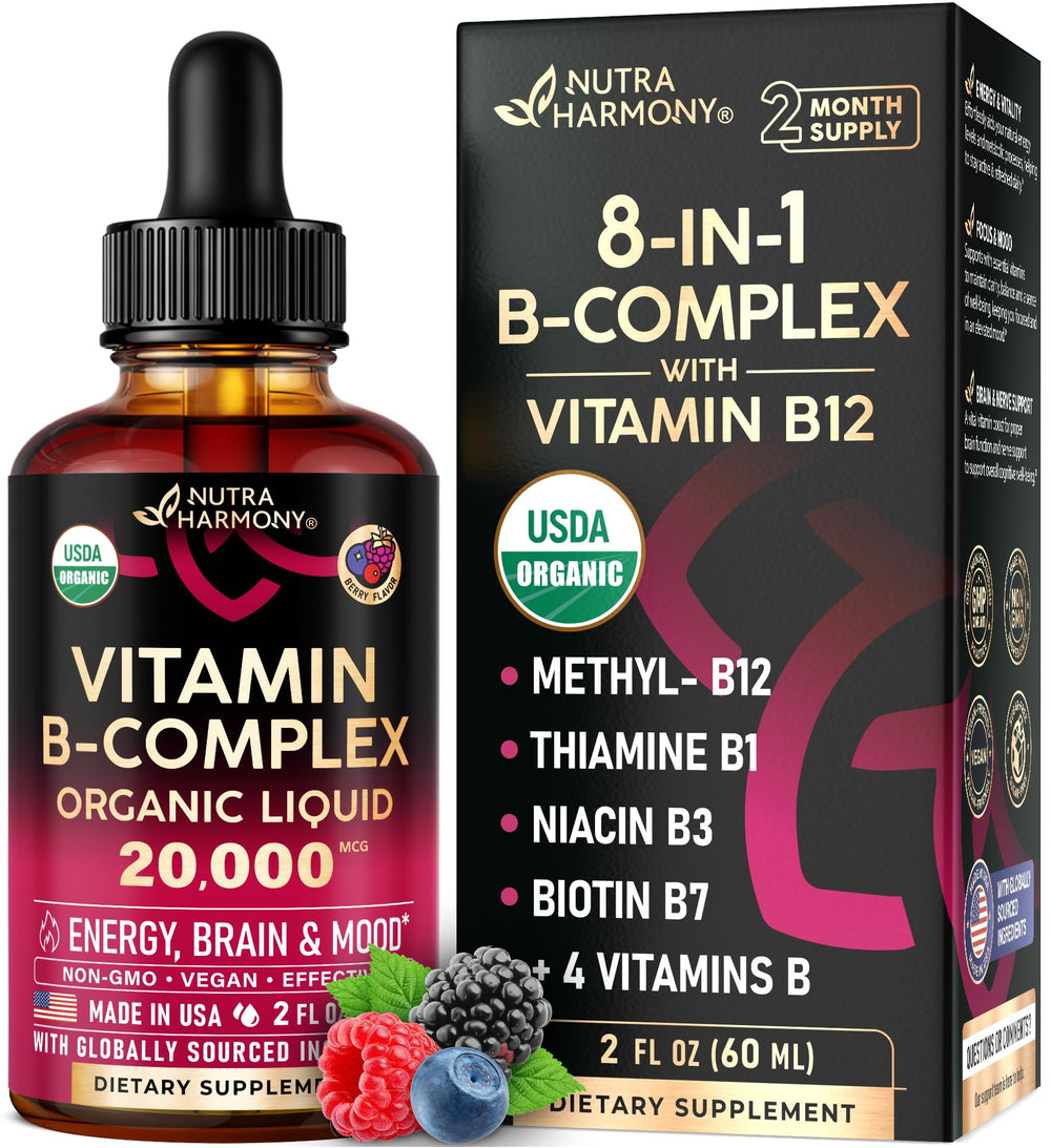 NutraHarmony B-Complex Drops bottle front view highlighting organic formula
