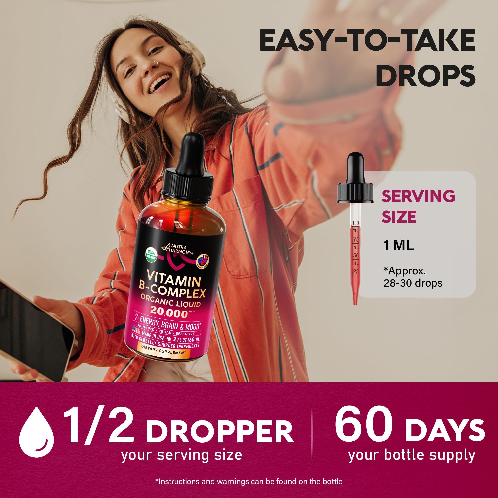NutraHarmony B-Complex Drops in a glass with liquid ready to use