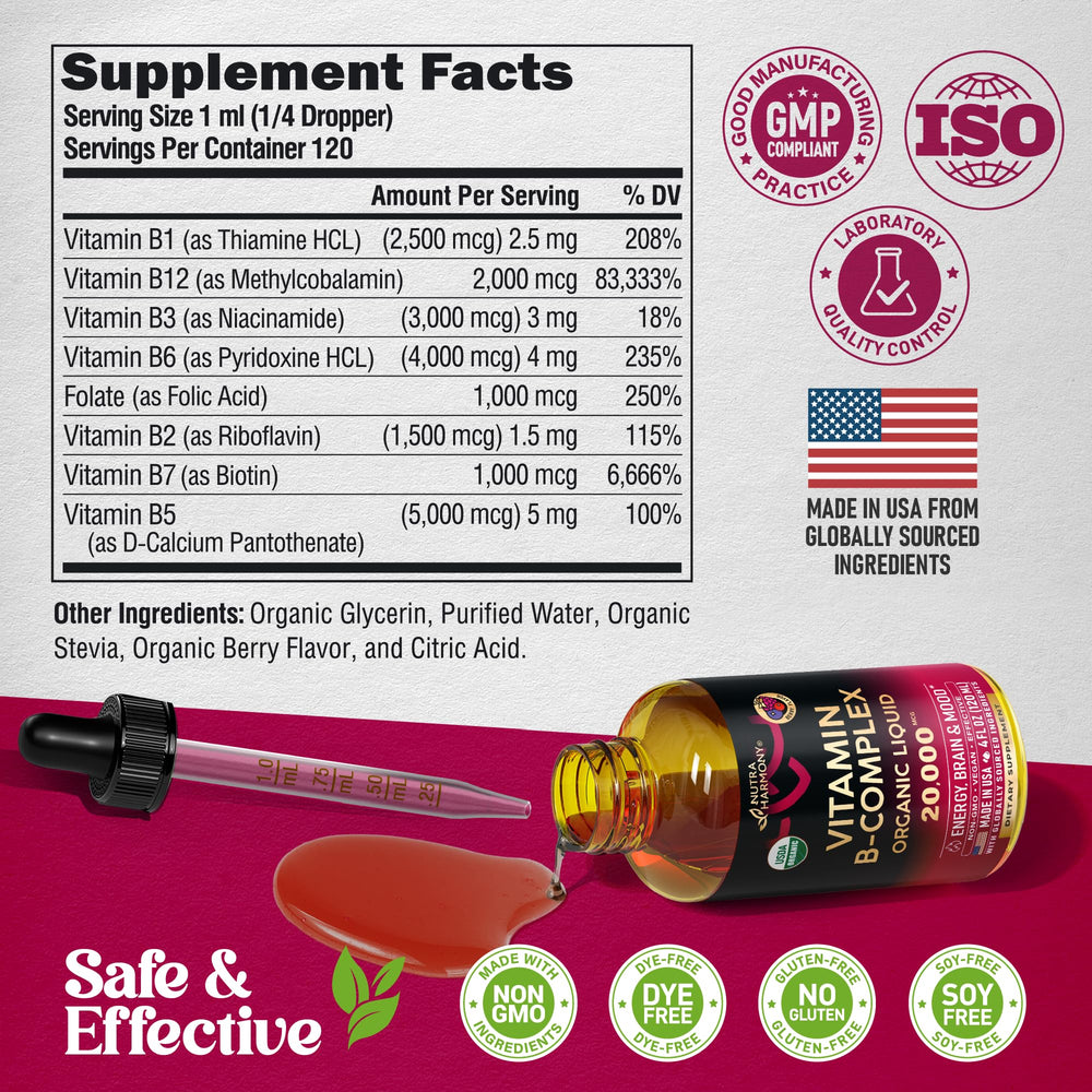 NutraHarmony B-Complex Drops ingredients label highlighting key vitamins.
