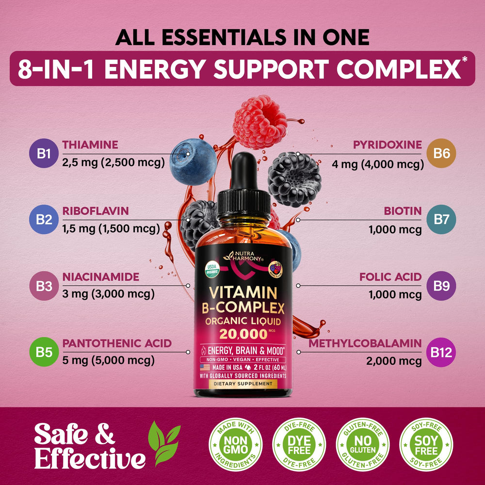 NutraHarmony B-Complex Drops label view showing full B vitamin spectrum