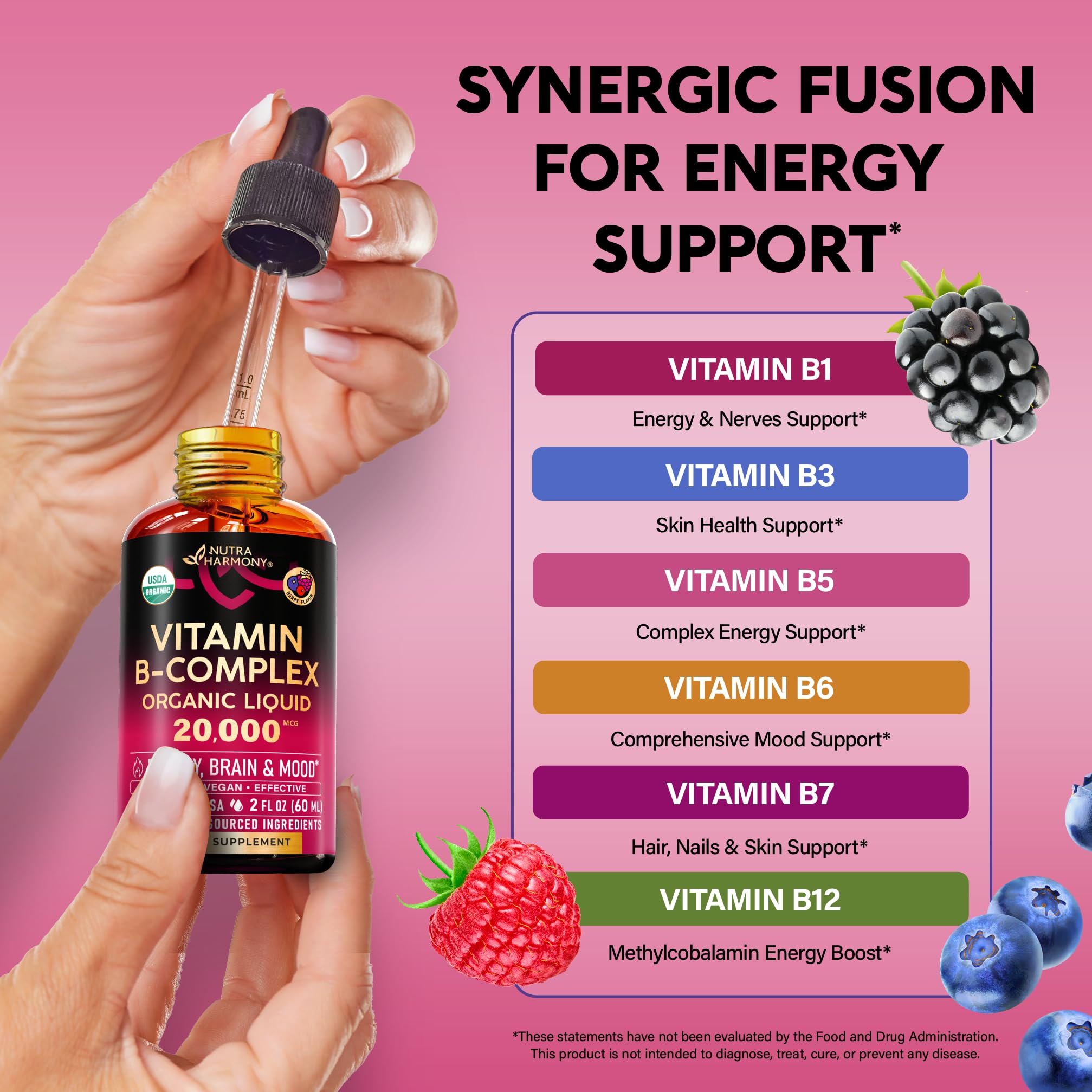 NutraHarmony B-Complex Drops vial closeup with dosage clarity