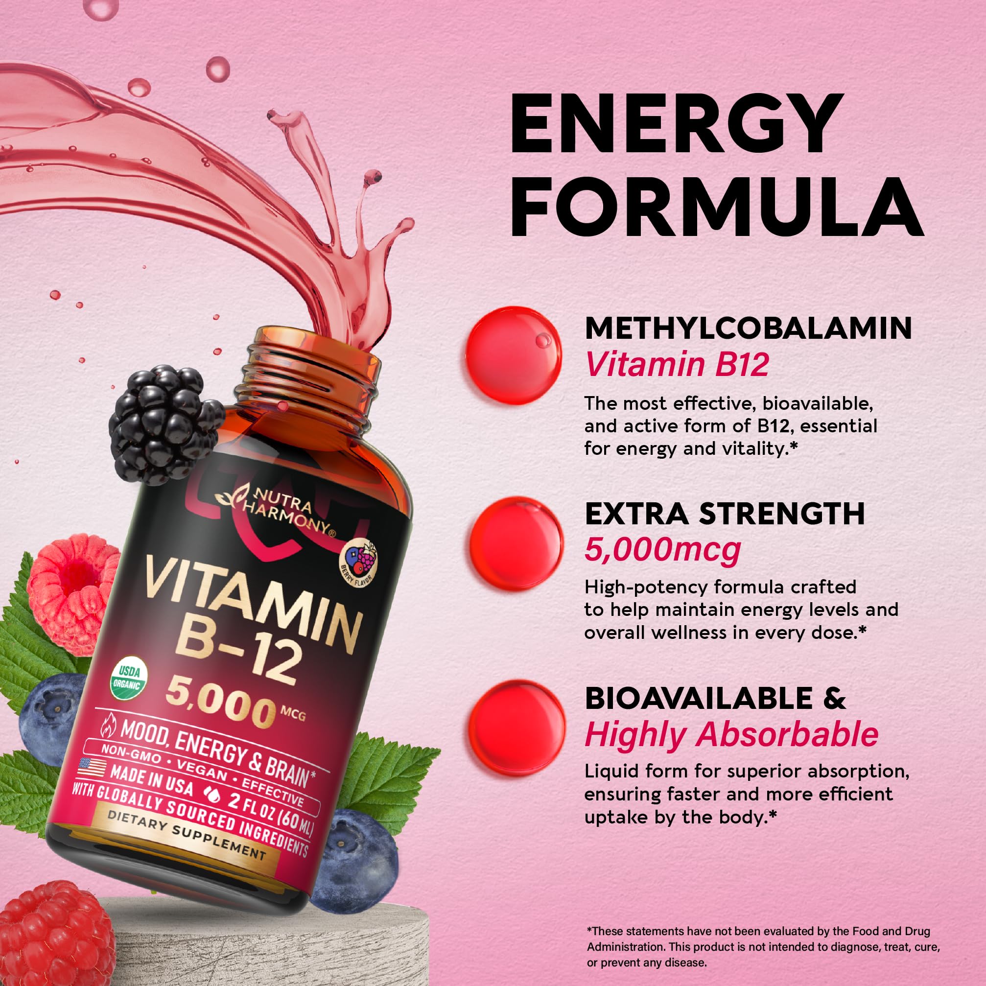 NutraHarmony B12 drops berry flavor splash and color