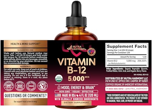 NUTRAHARMONY B12 drops bottle back label, detailing USDA Organic and sugar-free notes.